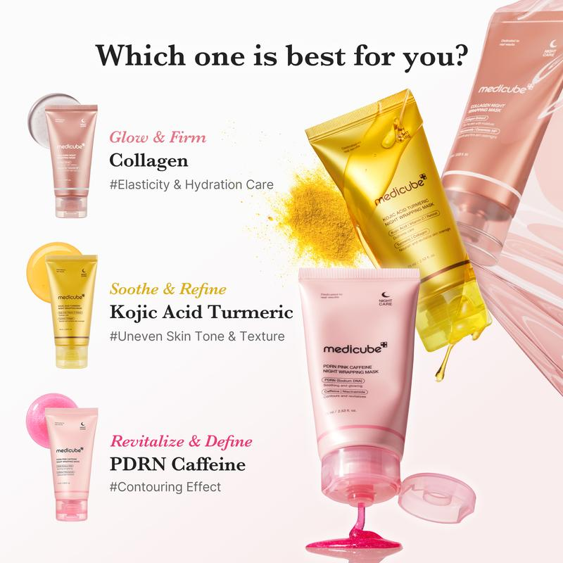 [Medicube] Wrapped in Glow Trio : Viral Morning Shed Wrapping Mask SET with Free Jelly Brush | PDRN Pink Caffeine Wrapping Mask, Kojic Acid Turmeric Night Wrapping Mask, Collagen Night Wrapping Mask