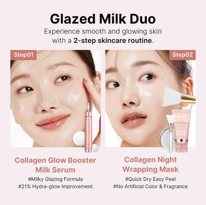 [Official Shop] Glazed Milk Duo : Milky Hydration and Glazed Radiance L Collagen Night Wrapping Mask + Collagen Glow Booster Milk Serum + FREE Jelly Brush
