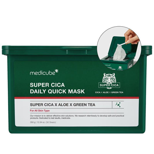 [Medicube] Super Cica Daily Quick Facial Masks (30 Sheets) - 60-Second Soothing & Hydrating Facial Mask with 88% Cica, Instant Cooling & Moisturization - 100% Vegan Certified, Korean Skincare