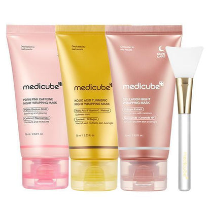 [Medicube] Wrapped in Glow Trio : Viral Morning Shed Wrapping Mask SET with Free Jelly Brush | PDRN Pink Caffeine Wrapping Mask, Kojic Acid Turmeric Night Wrapping Mask, Collagen Night Wrapping Mask