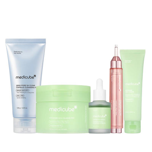 [Medicube] Ultimate Soothing Saviour Routine | Zero Capsule Foam Cleanser + Exosome Cica Toner Pads + Exosome Cica Calming Ampoule + Collagen Glow Booster Milk Serum + Exosome Cica Cream