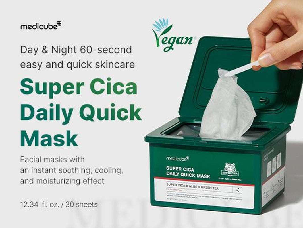 [Medicube] Super Cica Daily Quick Facial Masks (30 Sheets) - 60-Second Soothing & Hydrating Facial Mask with 88% Cica, Instant Cooling & Moisturization - 100% Vegan Certified, Korean Skincare